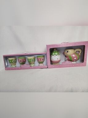 Pink & Green Floral Egg Cups and Sugar & Creamer Jar Set